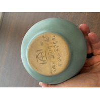 VTG VAN BRIGGLE Ming Blue Art Pottery PHILODENDRON LEAF Vase 4.25"H SIGNED