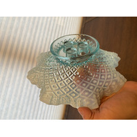 STUNNING VINTAGE Blue Opalescent Diamond Lace 3 Horn Art Glass Epergne 9"H