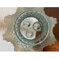 STUNNING VINTAGE Blue Opalescent Diamond Lace 3 Horn Art Glass Epergne 9"H