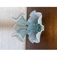 STUNNING VINTAGE Blue Opalescent Diamond Lace 3 Horn Art Glass Epergne 9"H