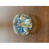 Blue, White & Red Multicolored Millefiori/Flower Art Glass Paperweight 1.75"H