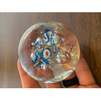 Blue, White & Red Multicolored Millefiori/Flower Art Glass Paperweight 1.75"H