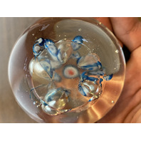 Blue, White & Red Multicolored Millefiori/Flower Art Glass Paperweight 1.75"H