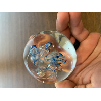 Blue, White & Red Multicolored Millefiori/Flower Art Glass Paperweight 1.75"H