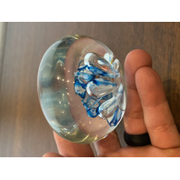 Blue, White & Red Multicolored Millefiori/Flower Art Glass Paperweight 1.75"H