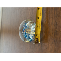 Blue, White & Red Multicolored Millefiori/Flower Art Glass Paperweight 1.75"H