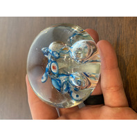 Blue, White & Red Multicolored Millefiori/Flower Art Glass Paperweight 1.75"H