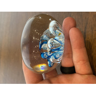 Blue, White & Red Multicolored Millefiori/Flower Art Glass Paperweight 1.75"H