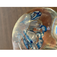 Blue, White & Red Multicolored Millefiori/Flower Art Glass Paperweight 1.75"H