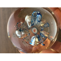Blue, White & Red Multicolored Millefiori/Flower Art Glass Paperweight 1.75"H