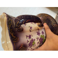LARGE ANTIQUE Purple & Gold Floral Painted Porcelain Lidded Biscuit Jar 12.75"H