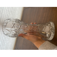 LARGE VTG Highly Detailed Cut Crystal Floral Etched Corset Vase 11.75"H
