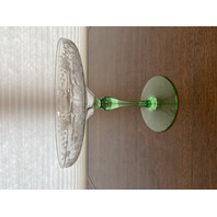 VTG UV REACTIVE Clear/Green Floral Etched Glass Compote 6.75"H