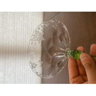 VTG UV REACTIVE Clear/Green Floral Etched Glass Compote 6.75"H