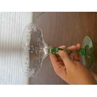 VTG UV REACTIVE Clear/Green Floral Etched Glass Compote 6.75"H