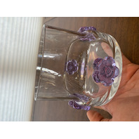 SKLO Union Clear Czech Art Glass Vase W/4 Applied Alexandrite Flowers 5"H