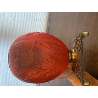 ANTIQUE VICTORIAN Red Satin Floral Patern GWTW Glass Parlor Lamp Base 10"H