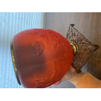 ANTIQUE VICTORIAN Red Satin Floral Patern GWTW Glass Parlor Lamp Base 10"H