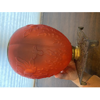 ANTIQUE VICTORIAN Red Satin Floral Patern GWTW Glass Parlor Lamp Base 10"H