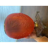 ANTIQUE VICTORIAN Red Satin Floral Patern GWTW Glass Parlor Lamp Base 10"H