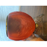 ANTIQUE VICTORIAN Red Satin Floral Patern GWTW Glass Parlor Lamp Base 10"H