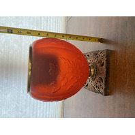 ANTIQUE VICTORIAN Red Satin Floral Patern GWTW Glass Parlor Lamp Base 10"H