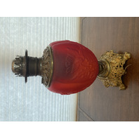 ANTIQUE VICTORIAN Red Satin Floral Patern GWTW Converted Parlor Lamp 16.75"H