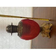 ANTIQUE VICTORIAN Red Satin Floral Patern GWTW Converted Parlor Lamp 16.75"H