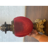 ANTIQUE VICTORIAN Red Satin Floral Patern GWTW Converted Parlor Lamp 16.75"H