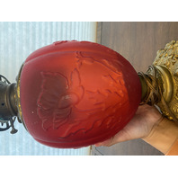 ANTIQUE VICTORIAN Red Satin Floral Patern GWTW Converted Parlor Lamp 16.75"H