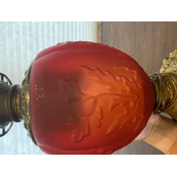 ANTIQUE VICTORIAN Red Satin Floral Patern GWTW Converted Parlor Lamp 16.75"H