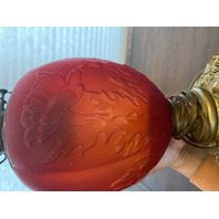 ANTIQUE VICTORIAN Red Satin Floral Patern GWTW Converted Parlor Lamp 16.75"H