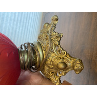 ANTIQUE VICTORIAN Red Satin Floral Patern GWTW Converted Parlor Lamp 16.75"H
