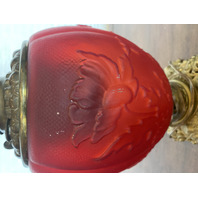 ANTIQUE VICTORIAN Red Satin Floral Patern GWTW Converted Parlor Lamp 16.75"H