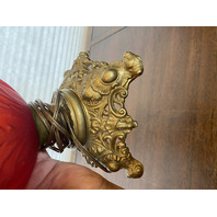 ANTIQUE VICTORIAN Red Satin Floral Patern GWTW Converted Parlor Lamp 16.75"H