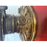 ANTIQUE VICTORIAN Red Satin Floral Patern GWTW Converted Parlor Lamp 16.75"H