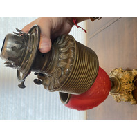 ANTIQUE VICTORIAN Red Satin Floral Patern GWTW Converted Parlor Lamp 16.75"H