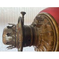 ANTIQUE VICTORIAN Red Satin Floral Patern GWTW Converted Parlor Lamp 16.75"H
