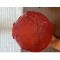 ANTIQUE VICTORIAN Red Satin Glass Leaf Pattern GWTW Parlor Oil Lamp 22.5"H