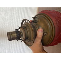 ANTIQUE VICTORIAN Red Satin Glass Leaf Pattern GWTW Parlor Oil Lamp 22.5"H