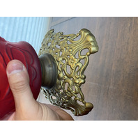 ANTIQUE VICTORIAN Red Satin Glass Leaf Pattern GWTW Parlor Oil Lamp 22.5"H