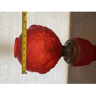 ANTIQUE VICTORIAN Red Satin Glass Leaf Pattern GWTW Parlor Oil Lamp 22.5"H