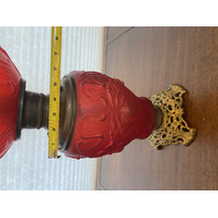 ANTIQUE VICTORIAN Red Satin Glass Leaf Pattern GWTW Parlor Oil Lamp 22.5"H