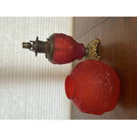 ANTIQUE VICTORIAN Red Satin Glass Leaf Pattern GWTW Parlor Oil Lamp 22.5"H