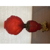 ANTIQUE VICTORIAN Red Satin Glass Leaf Pattern GWTW Parlor Oil Lamp 22.5"H