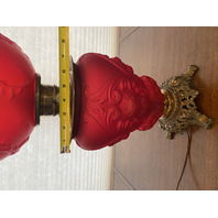 ANTIQUE VICTORIAN Red Satin CHERUB FACE GWTW Electric Parlor Lamp 23.5"H