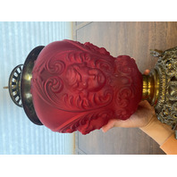 ANTIQUE VICTORIAN Red Satin CHERUB FACE GWTW Electric Parlor Lamp 23.5"H