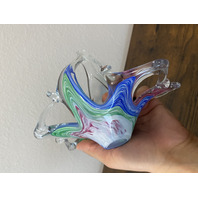 VTG Multicolored Murano Art Glass Freeform Basket/Candy Dish 7.5"L