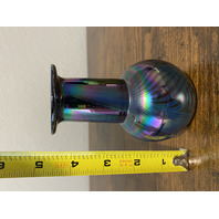 VTG Glass Eye Studio Dark Iridescent PULLED FEATHER Art Glass Vase 4.5"H SIGNED