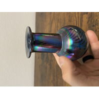 VTG Glass Eye Studio Dark Iridescent PULLED FEATHER Art Glass Vase 4.5"H SIGNED